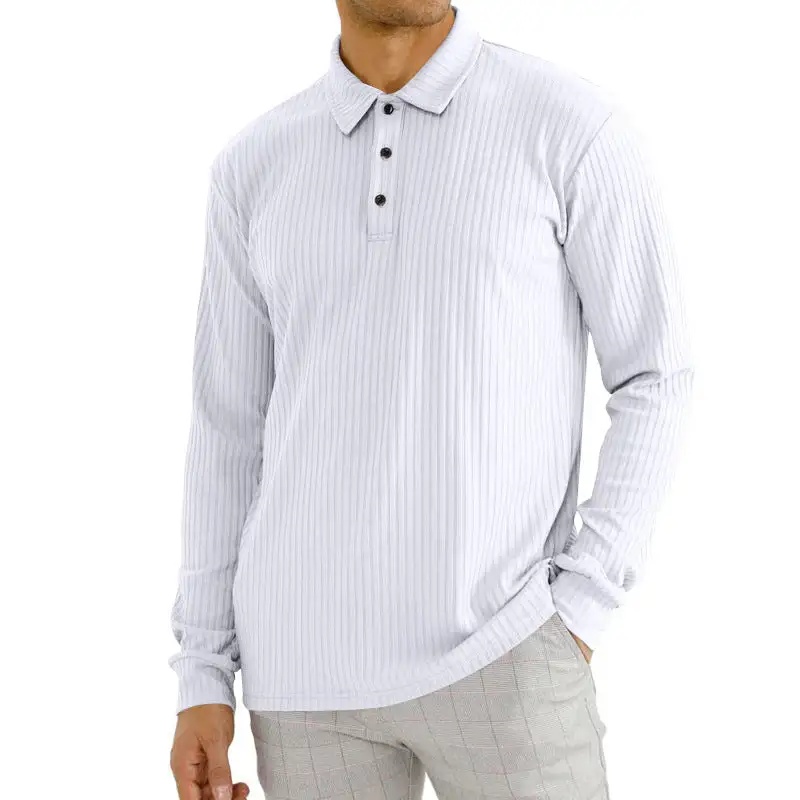 Ribbed Elastic Hem Long Sleeve Polo Shirt