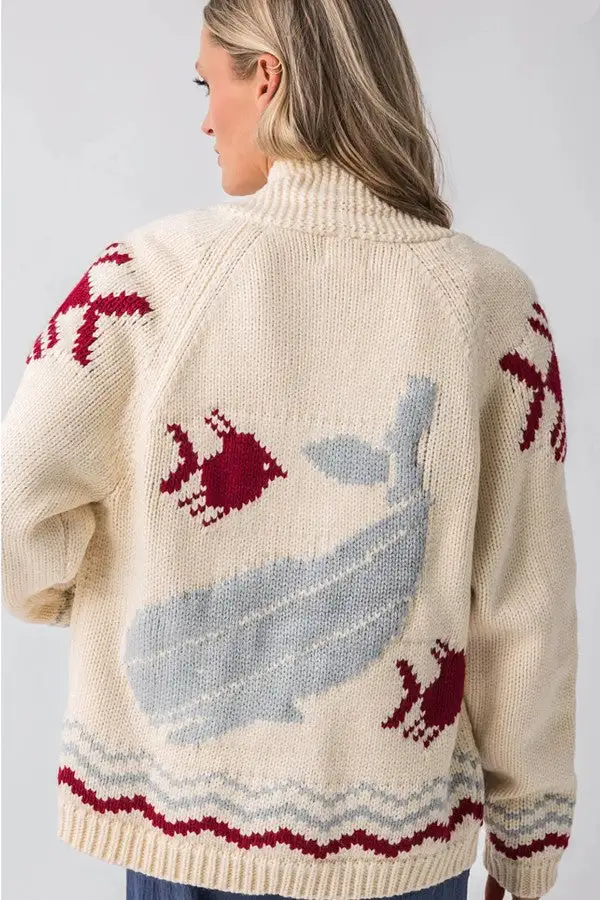 Cream Nantucket Whale Print Cardigan