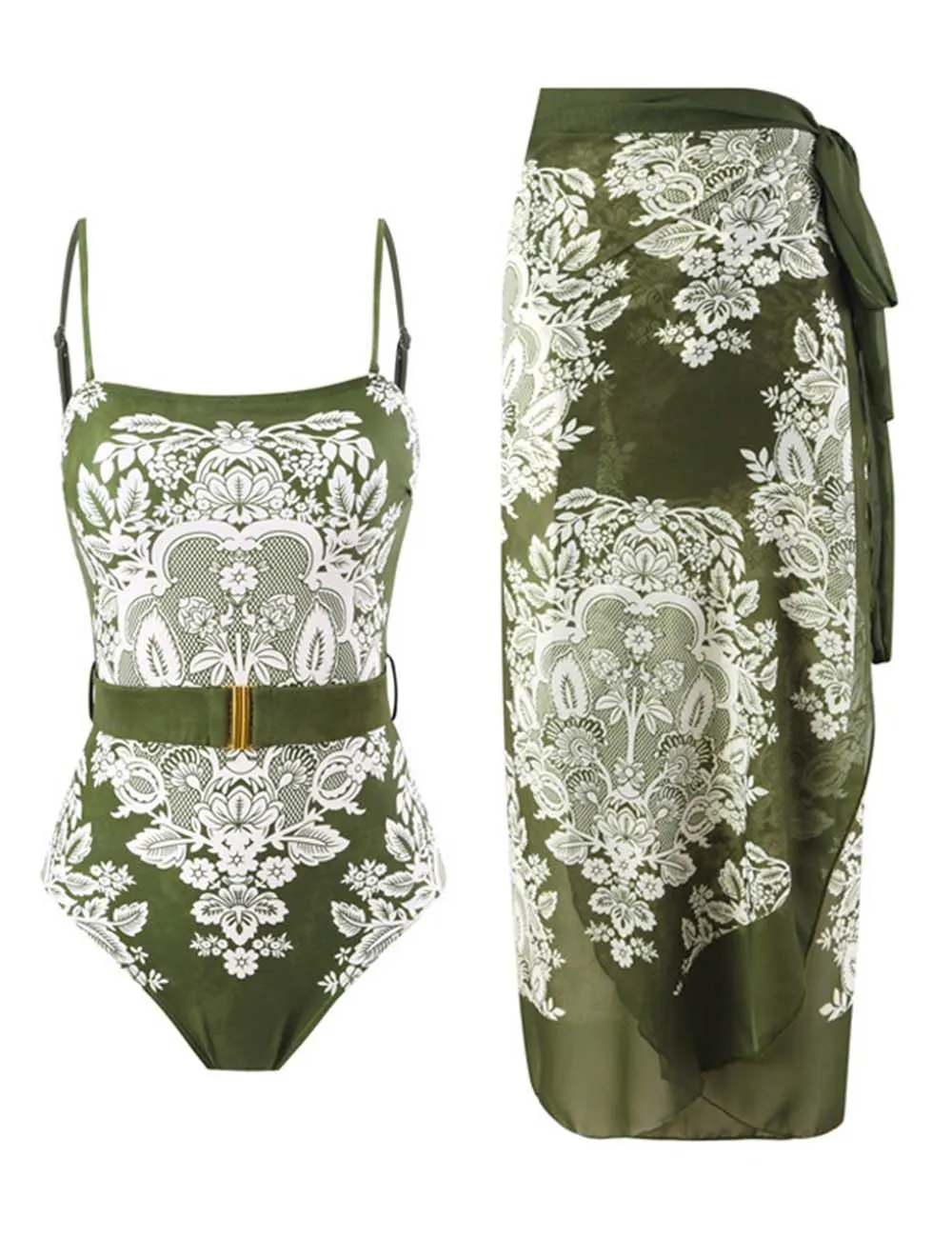 String Shoulder One Piece Swimwear with Sarong