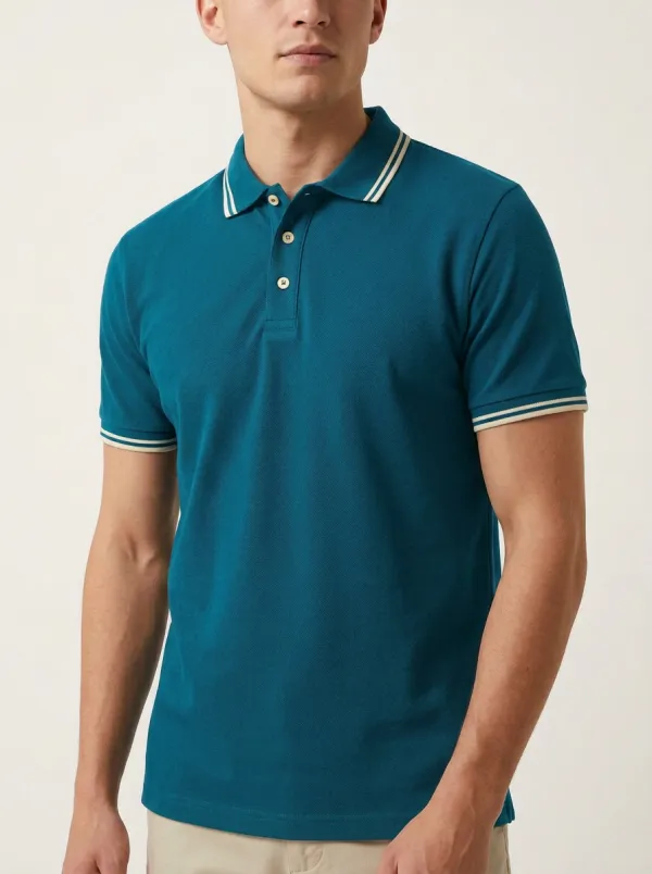 Men's Navy Blue Striped Collar Casual Printed Polo Shirt