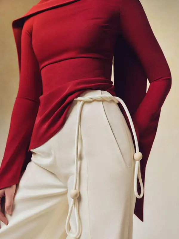 Flared Sleeve Long Sleeve Zip Detail Boat Neck T-Shirt