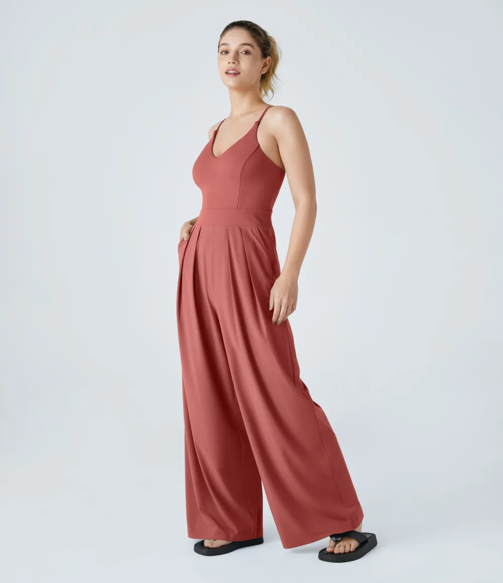 Breezeful Backless Side Invisible Zipper Pocket Wide Leg Quick Dry Resort Slip Jumpsuit
