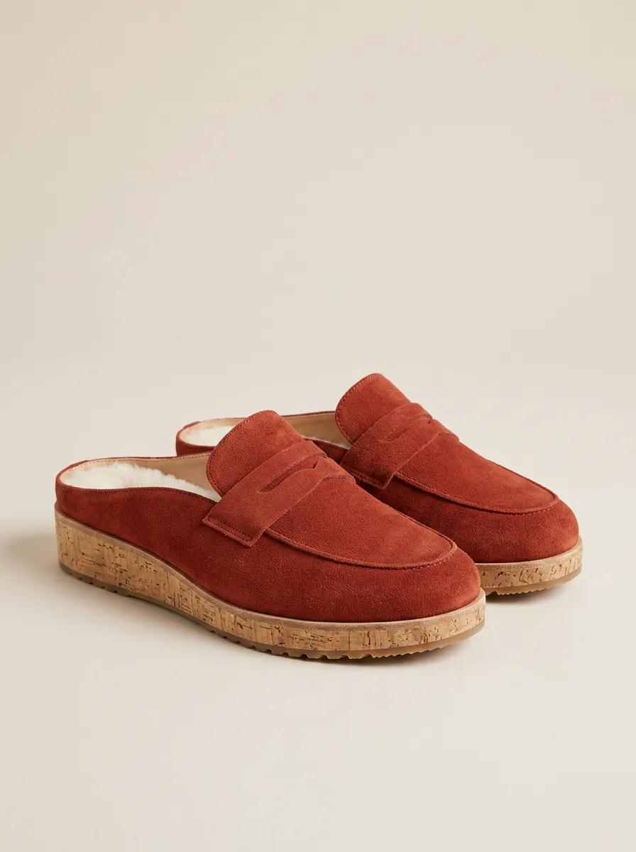 Women's Rugged Faux Fur Lined Clog Style Casual Suede Wood Sole Loafers