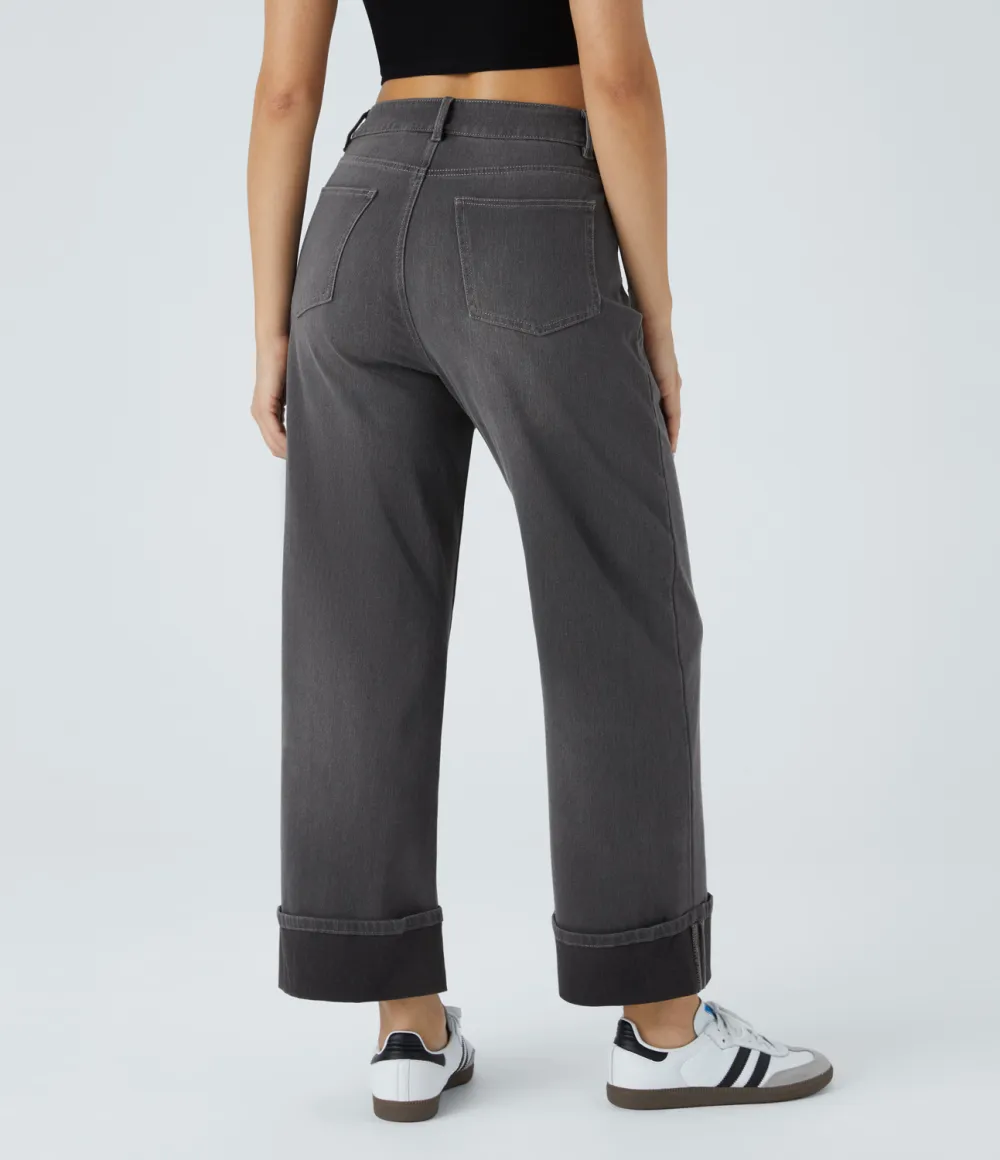 Magic High Waisted Multiple Pockets Rolled Hem Wide Leg Washed Stretchy Knit Casual Jeans
