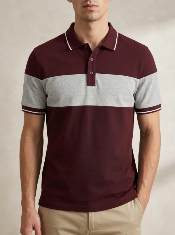 Men's Casual Sporty Navy Grey Colorblock Striped Polo Shirt