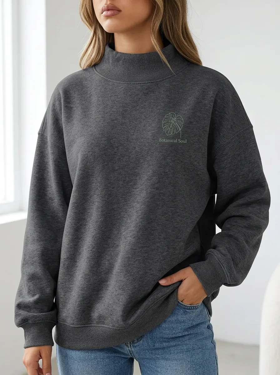 Women's Botanical Soul Monstera Leaf Printed Mock Neck Sweatshirt