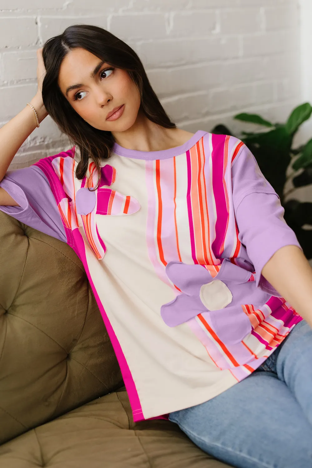 Pink Striped Block Flower Patched Top