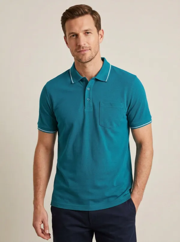 Men's Casual Grey Pocket Tipped Collar Polo Shirt