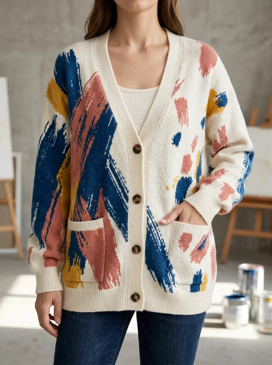Women's Abstract Art Lover Colorful Brushstroke Printed Cardigan