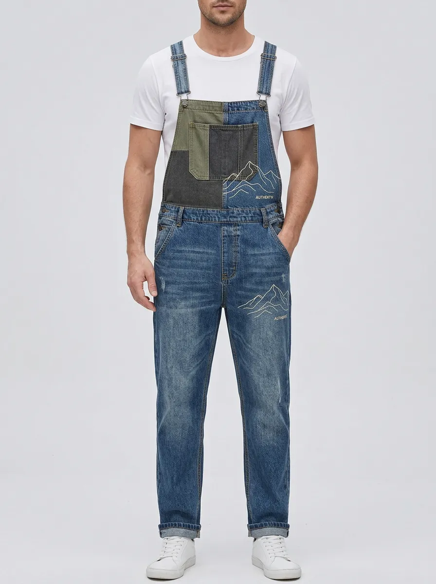 Colorblock Mountain Graphic Denim Overalls