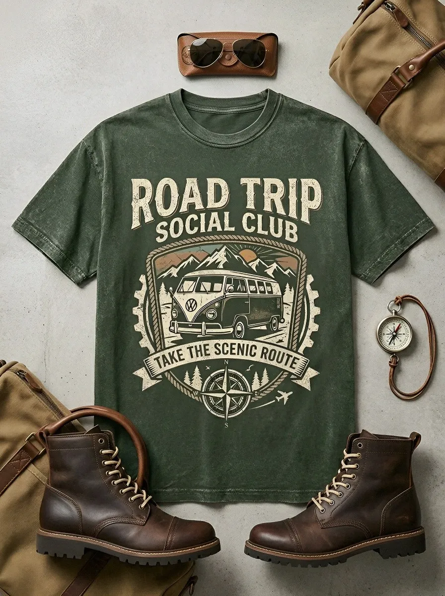 Unisex Road Trip Lover Vintage Van Mountain Printed T-shirt