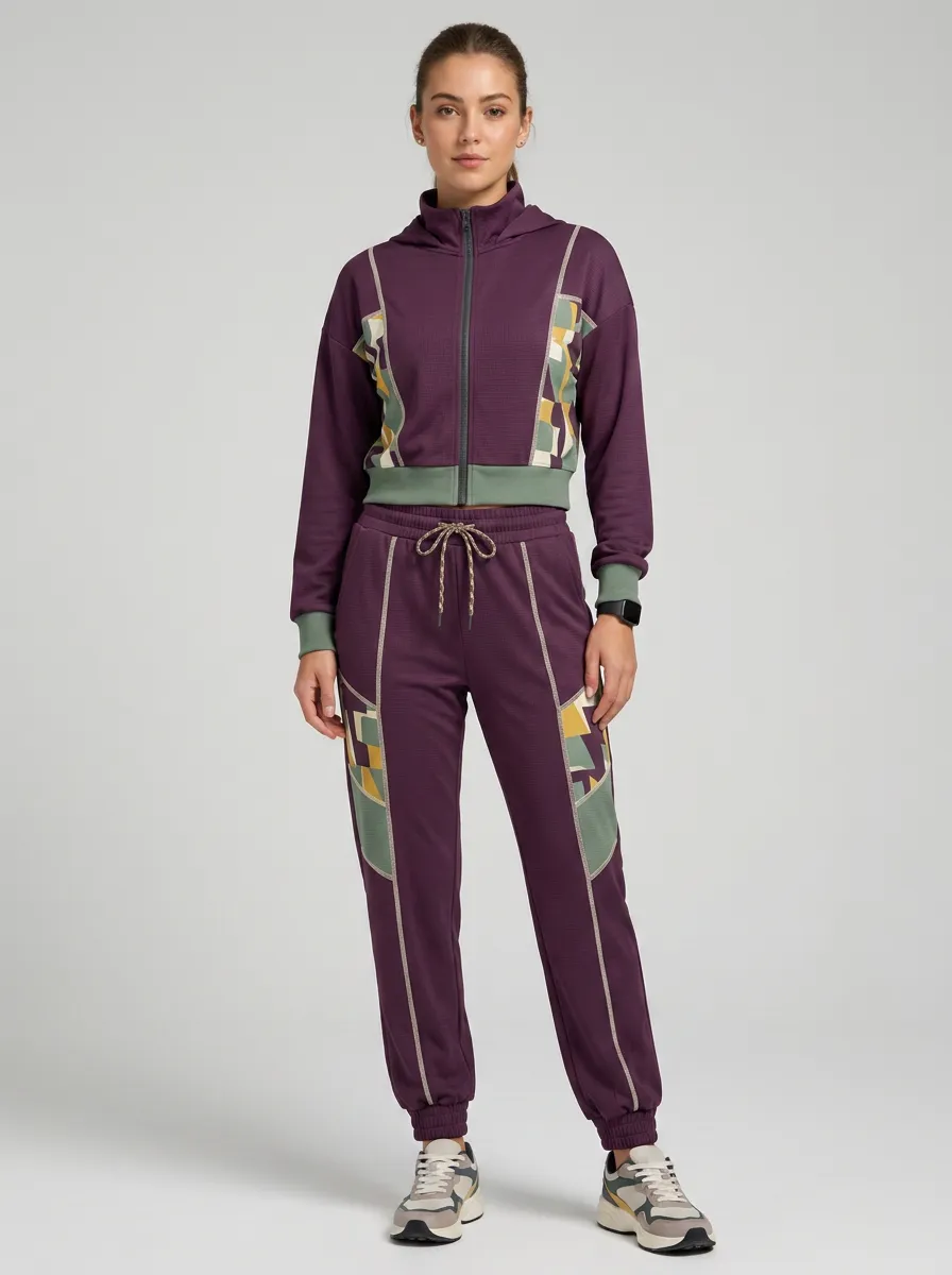 Women's Geometric Patchwork Purple Printed Tracksuit