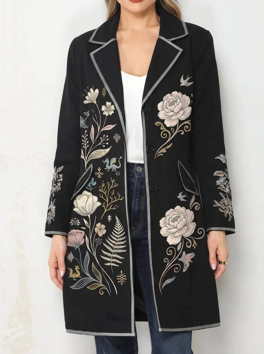 Women's Floral Dragon Botanical Printed Long Blazer Coat