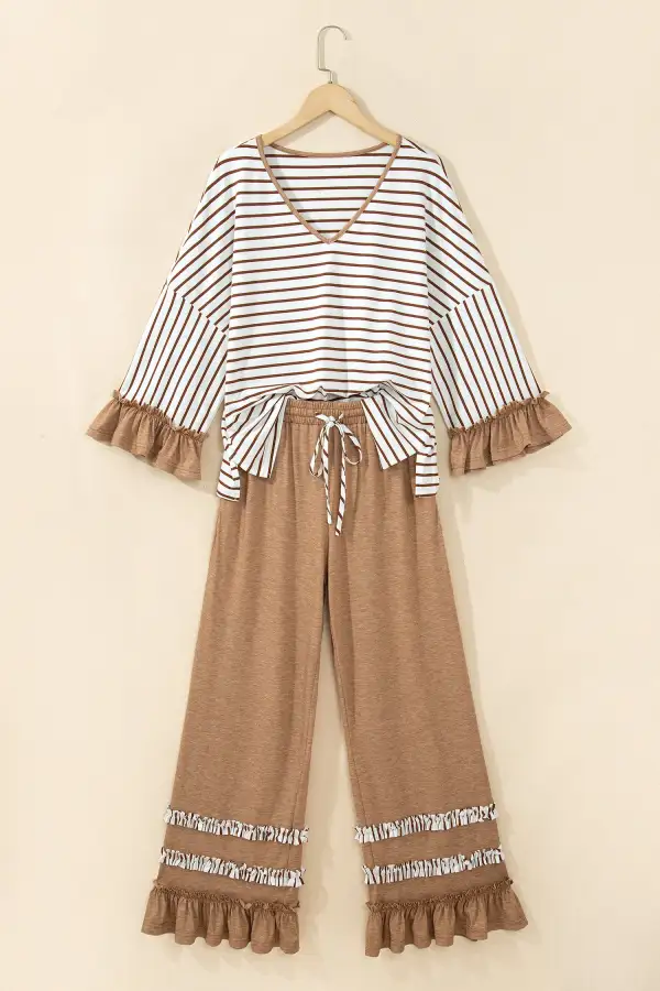 Women's V Neck Ruffle Contrast Sleeve Top Drawstring Pants Two Piece Set