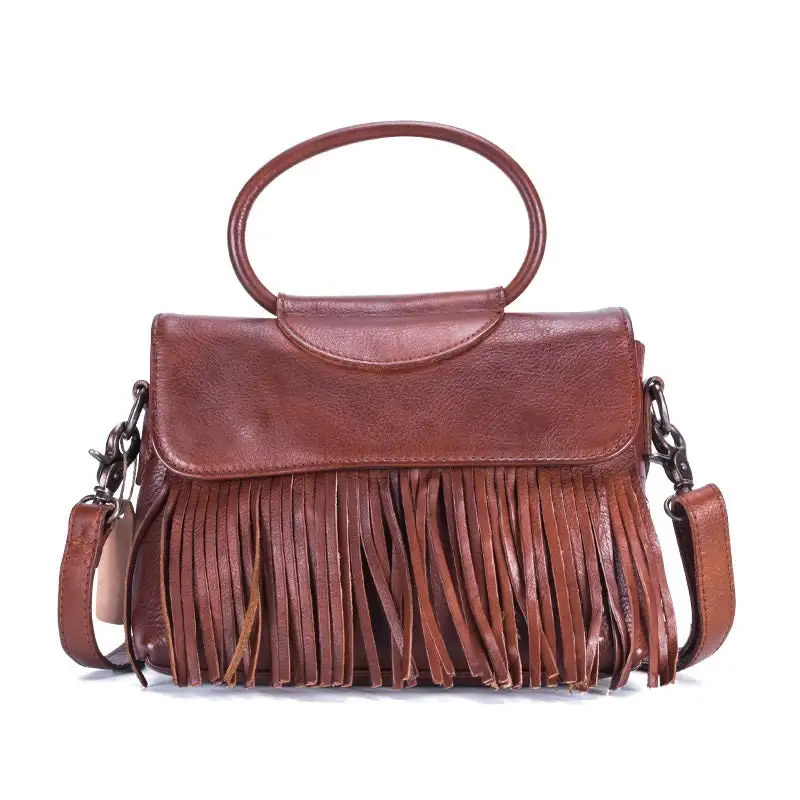 Vintage Leather Messenger Bag Tassel Horizontal Square