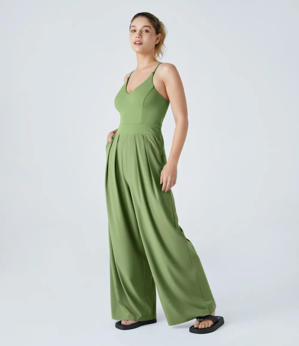 Breezeful Backless Side Invisible Zipper Pocket Wide Leg Quick Dry Resort Slip Jumpsuit