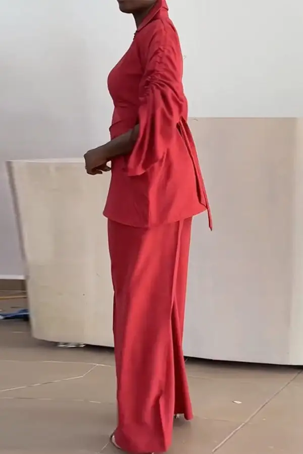 Red-Up V-Neck Long Sleeve Pant Set
