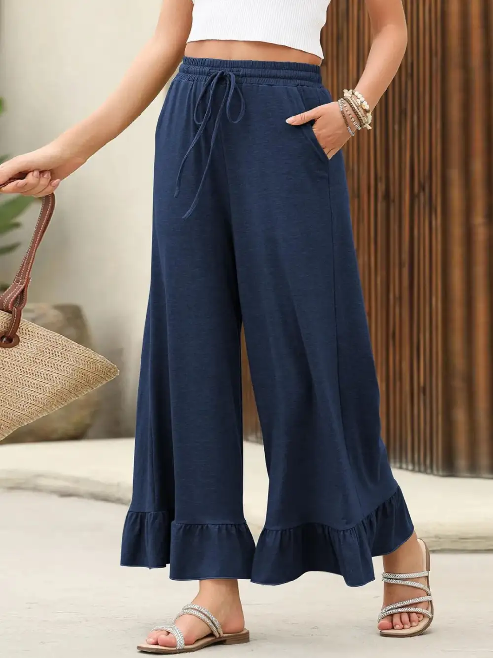 Ruffled Hem Wide Leg Pants