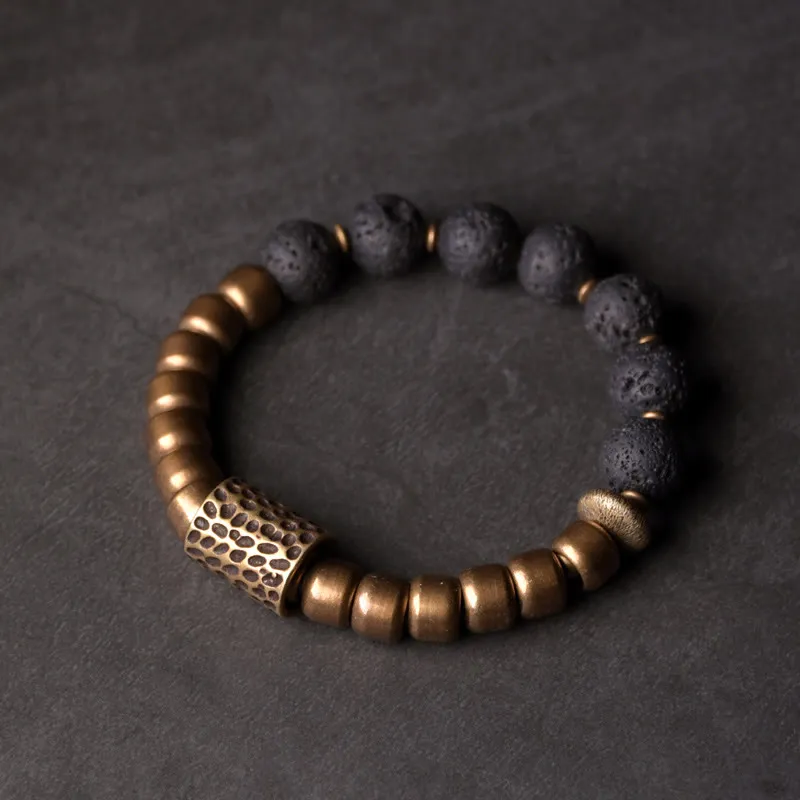 Lava Rock Stone Obsidian Brass Bracelet