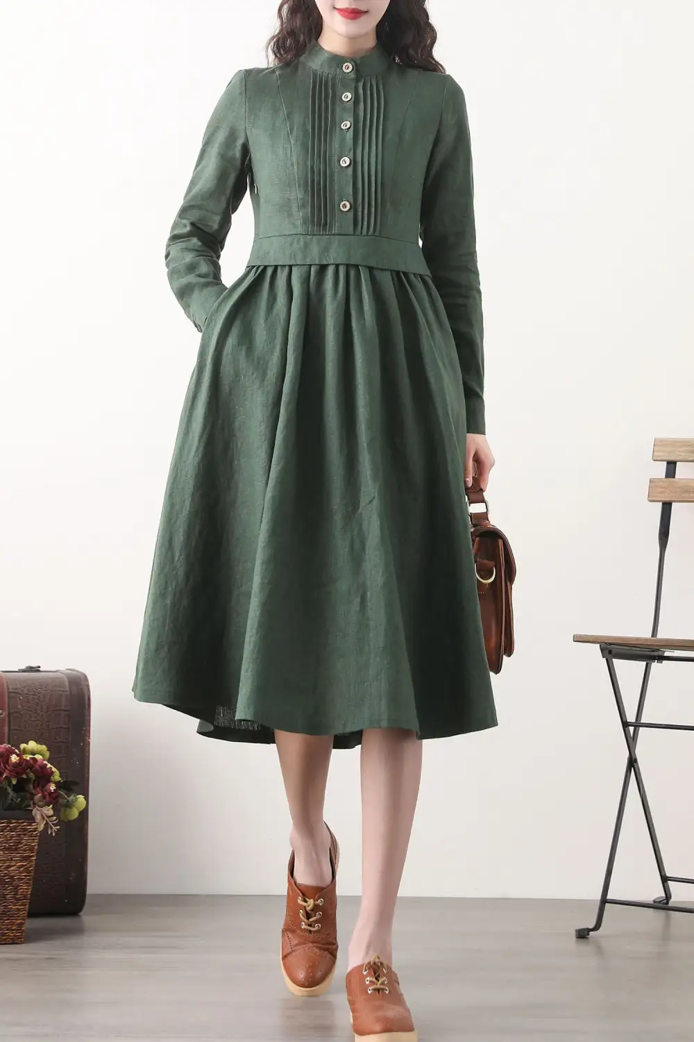 Refined Linen Pleated Long Sleeve Midi Dress