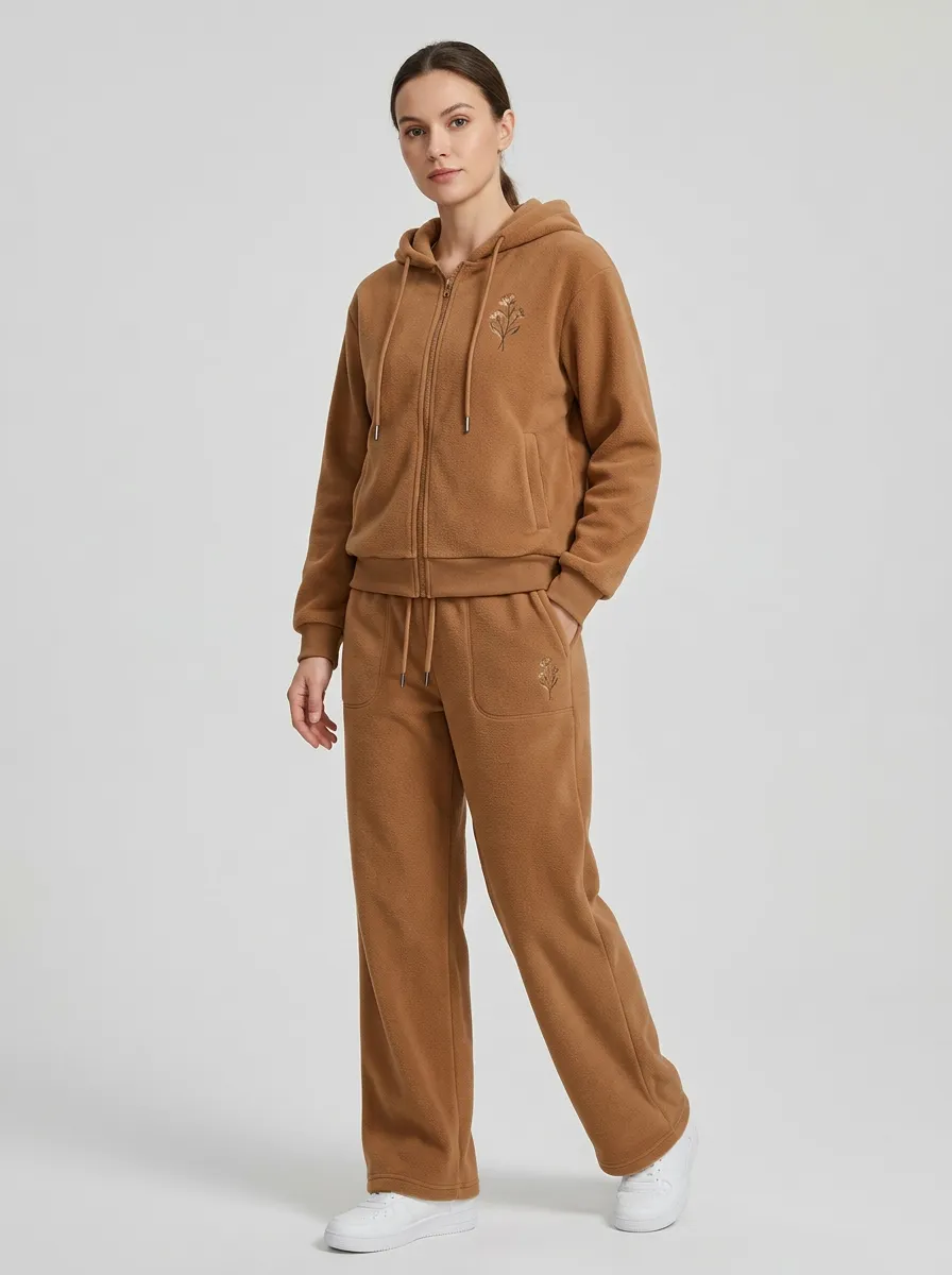 Women's Embroidered Fleece Zip-Up Hoodie And Pant Set