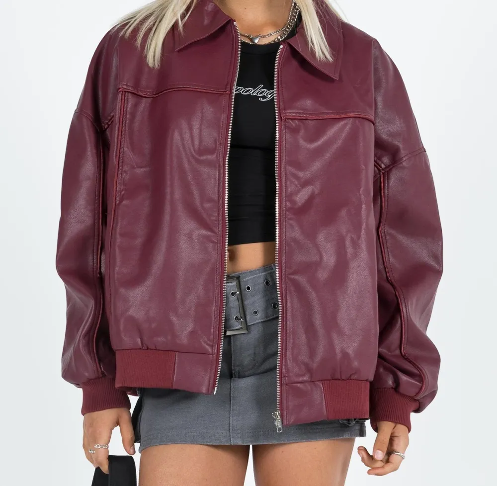 Burgundy Faux Leather Oversized Bomber Jacket