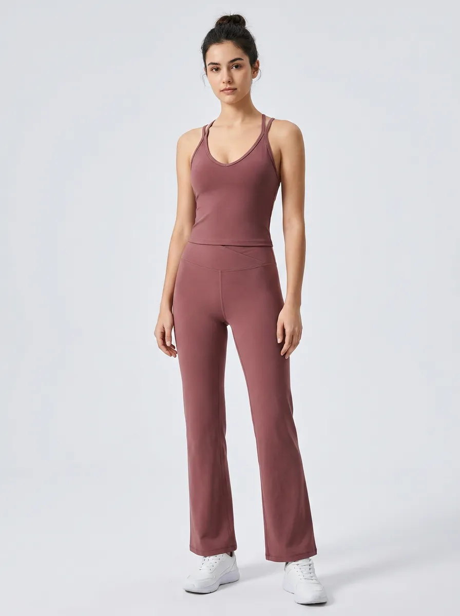 Women's Yoga Fitness Mauve V-Neck Tank Flare Leggings Set