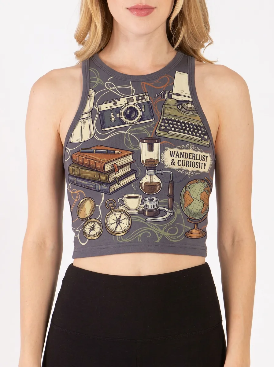 Women's Wanderlust Travel Books Camera Graphic Ribbed Crop Tank Top