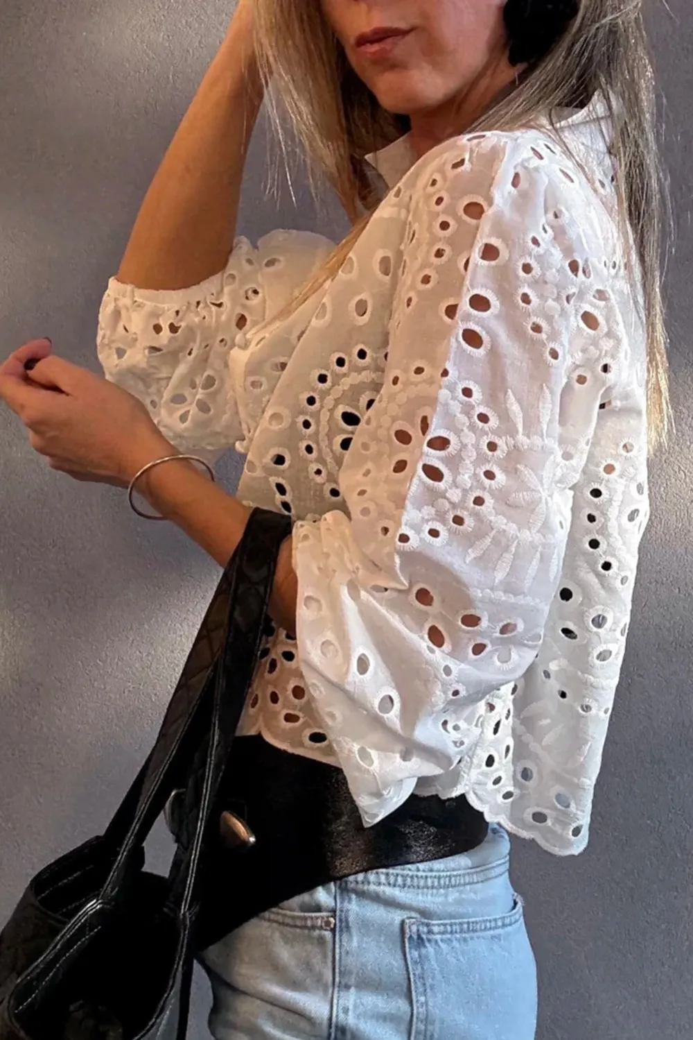 White Eyelet Embroidered Puff Sleeve Shirt