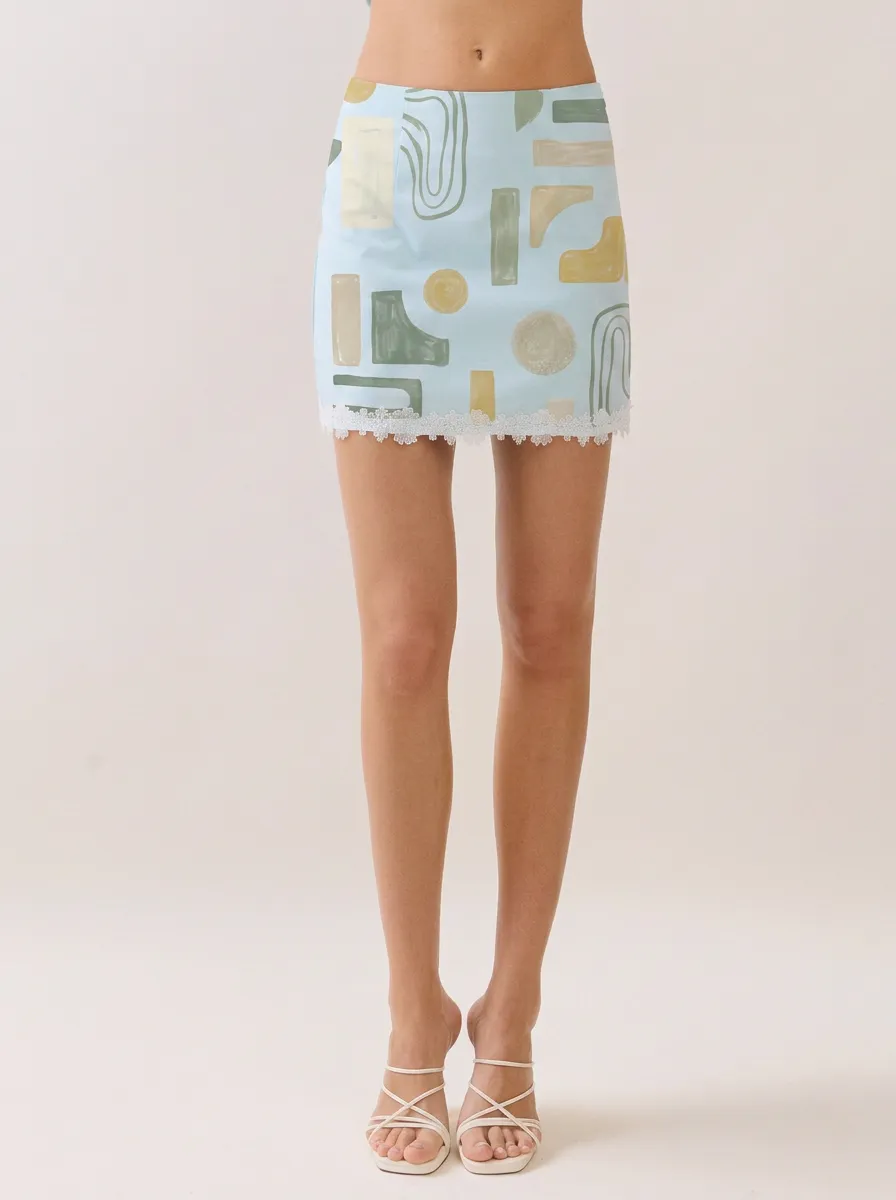 Women's Abstract Geometric Art Lace Trim Printed Mini Skirt