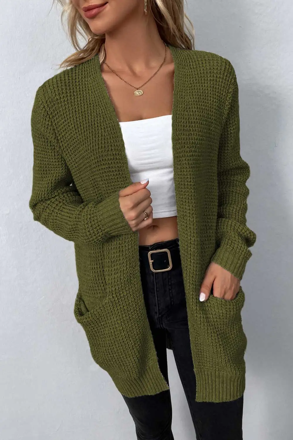 Rib-Knit Open-Front Pocketed Cardigan