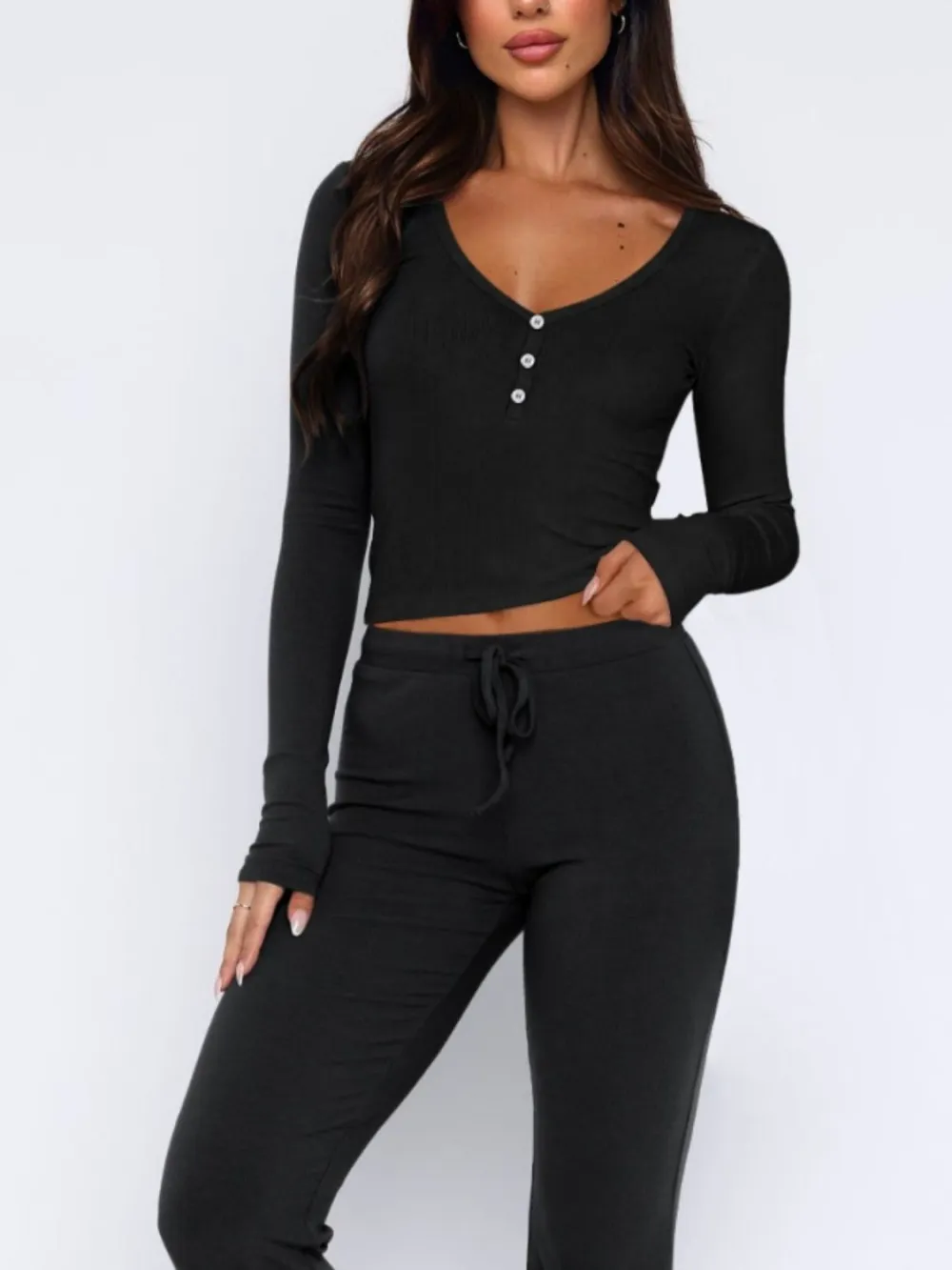 V-Neck Long Sleeve Top And Pants Set