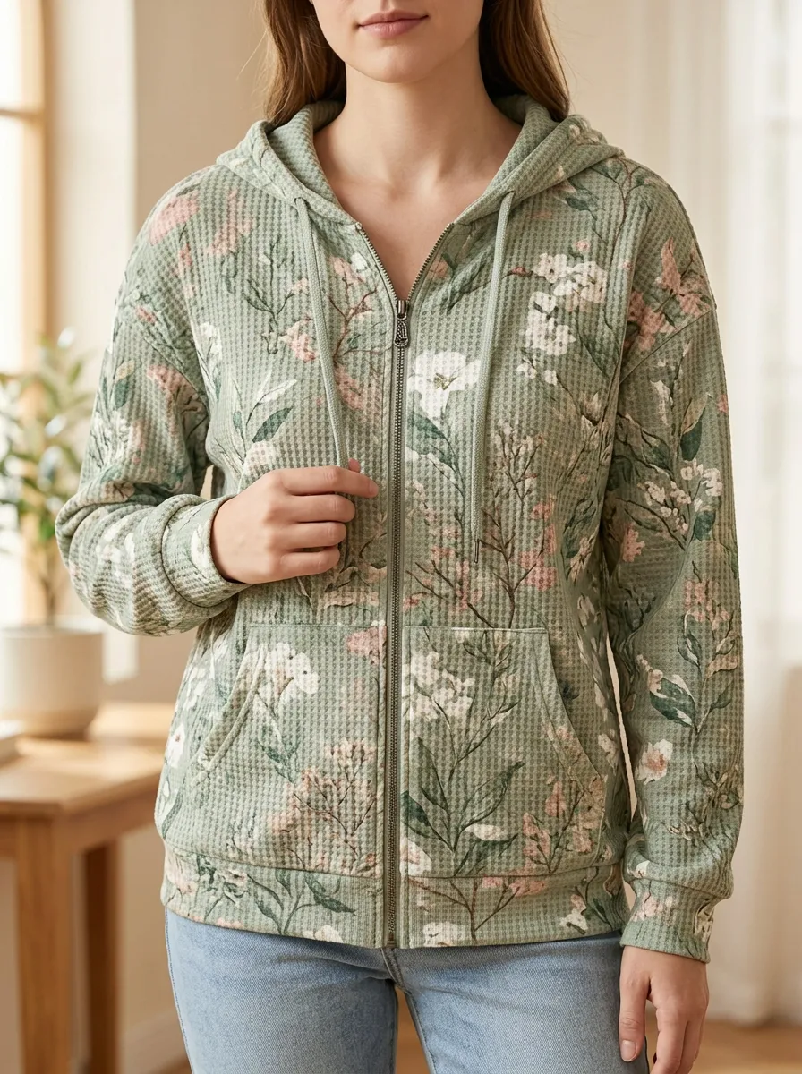 Women's Sage Green Floral Signature Accent Waffle Zip-Up Hoodie