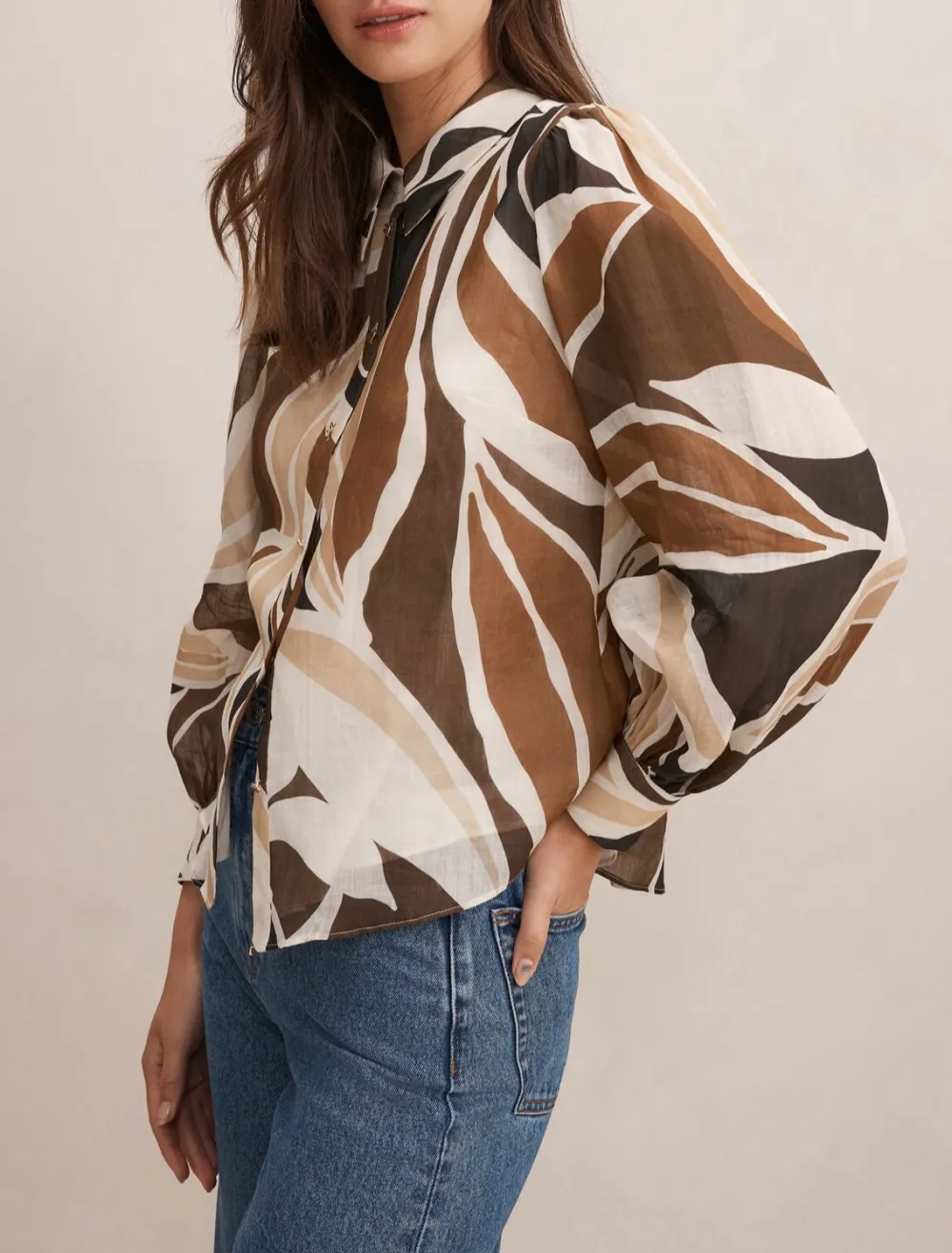 Brown White Abstract Print Long Sleeve Blouse