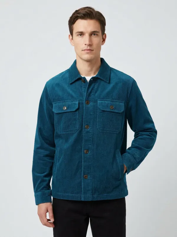 Men's Casual Navy Blue Corduroy Button-Up Jacket