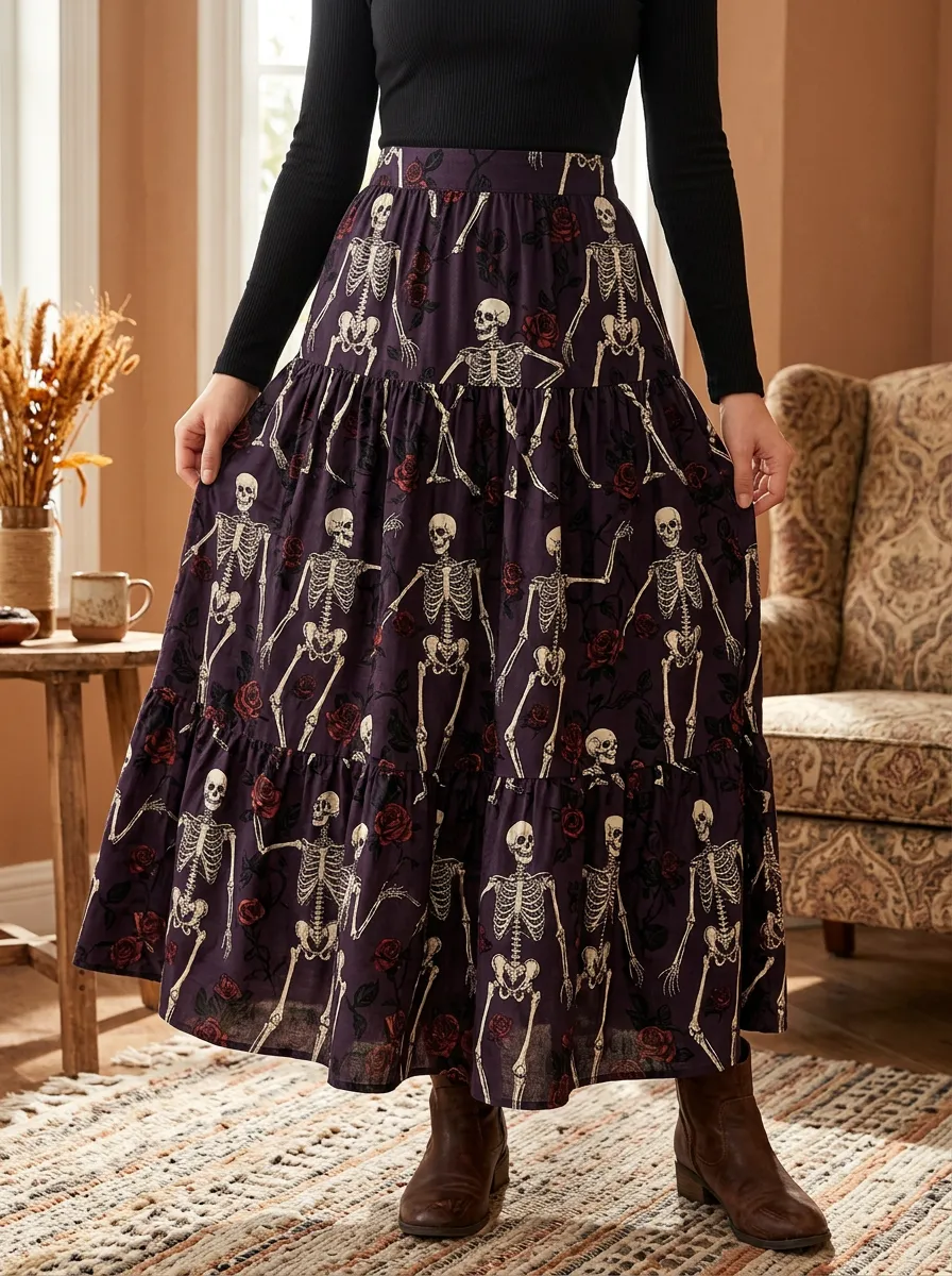 Women's Halloween Skeleton Rose Printed Tiered Maxi Skirt