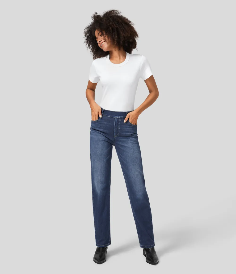 Magic High Waisted Multiple Pockets Straight Leg Washed Stretchy Knit Casual Jeans