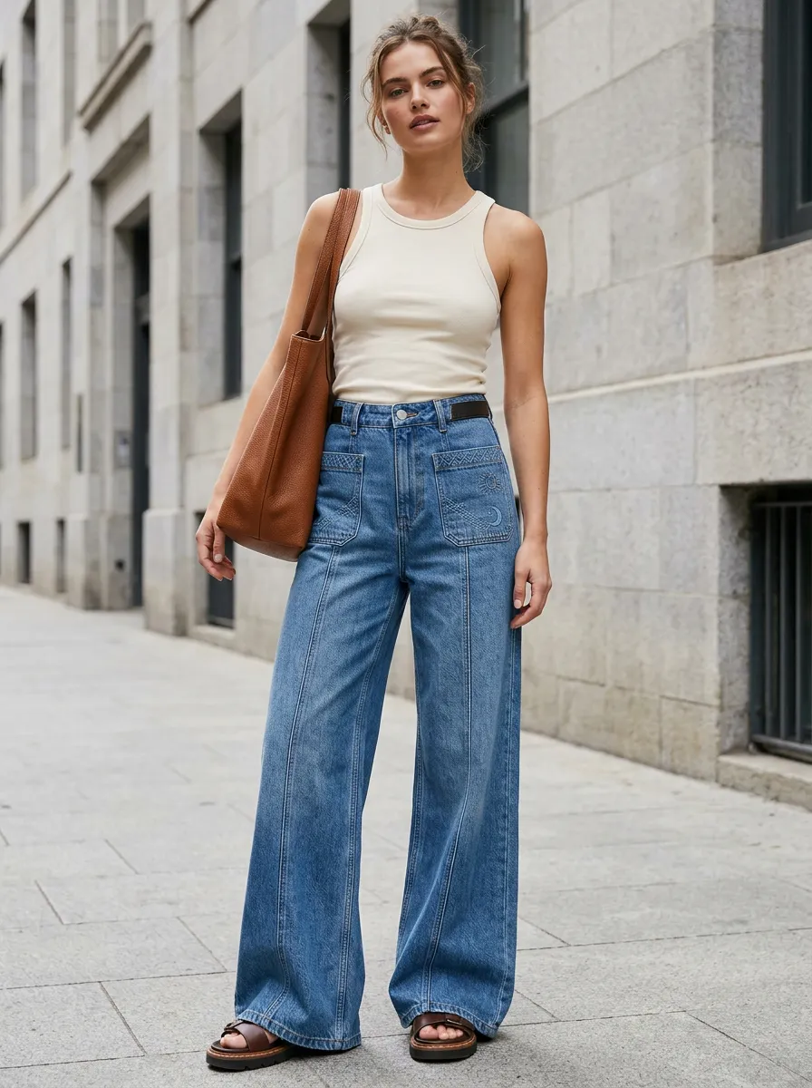 Women's Celestial Sun Moon Embroidered Wide Leg Jeans