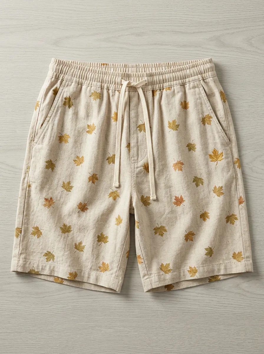 Maple Leaf Print Drawstring Straight Hem Shorts