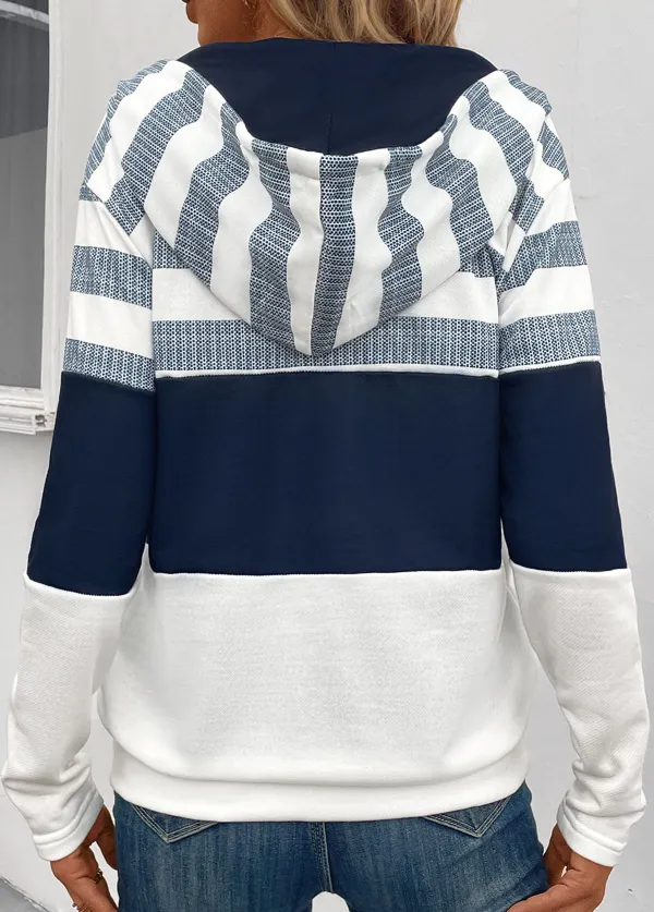 Navy Pocket Striped Long Sleeve Hooded Coat
