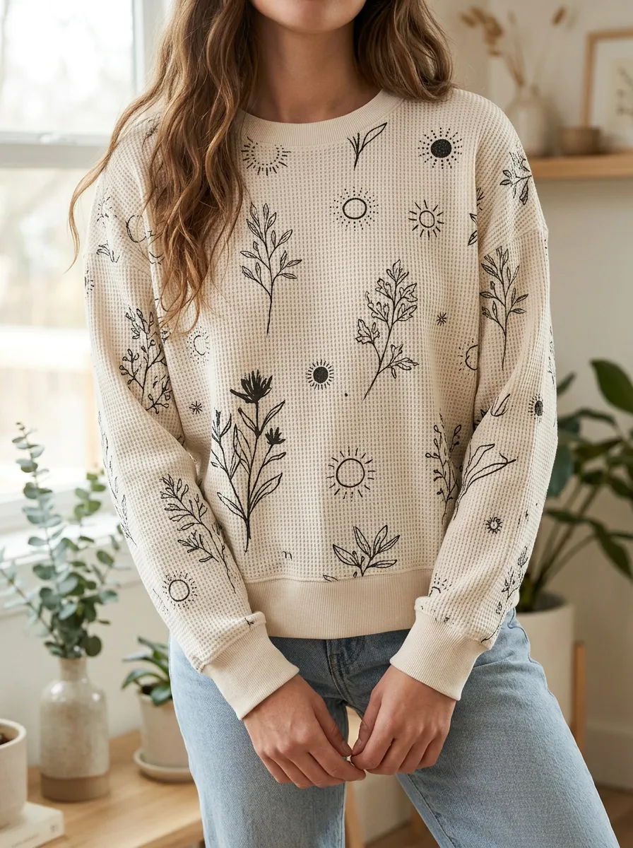 Women's Boho Celestial Floral Printed Waffle Knit Sweatshirt