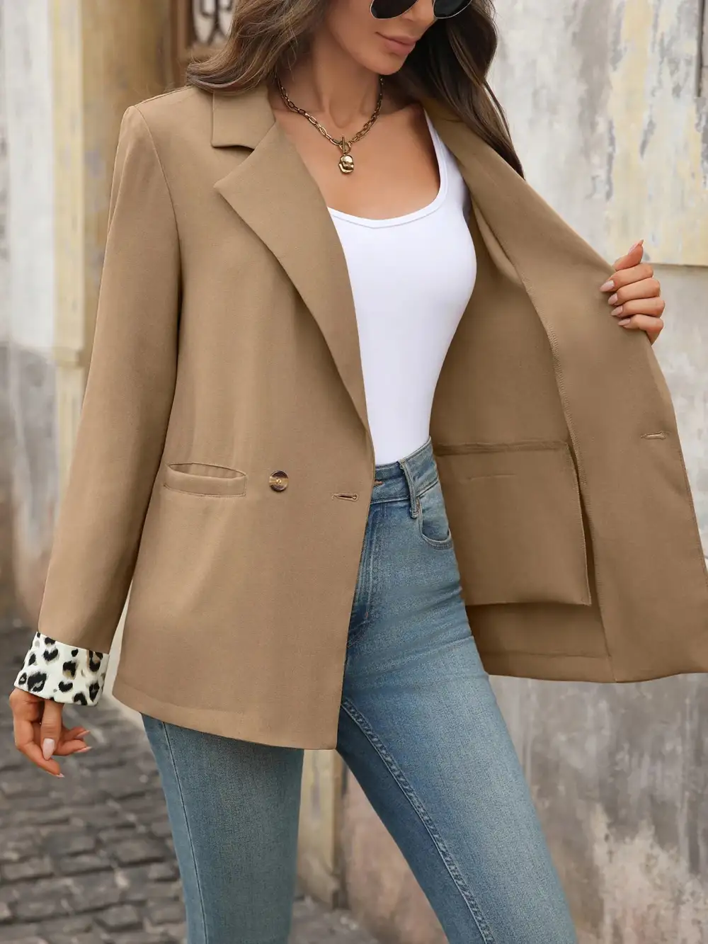 Double-Breasted Lapel-Collar Long-Sleeve Blazer