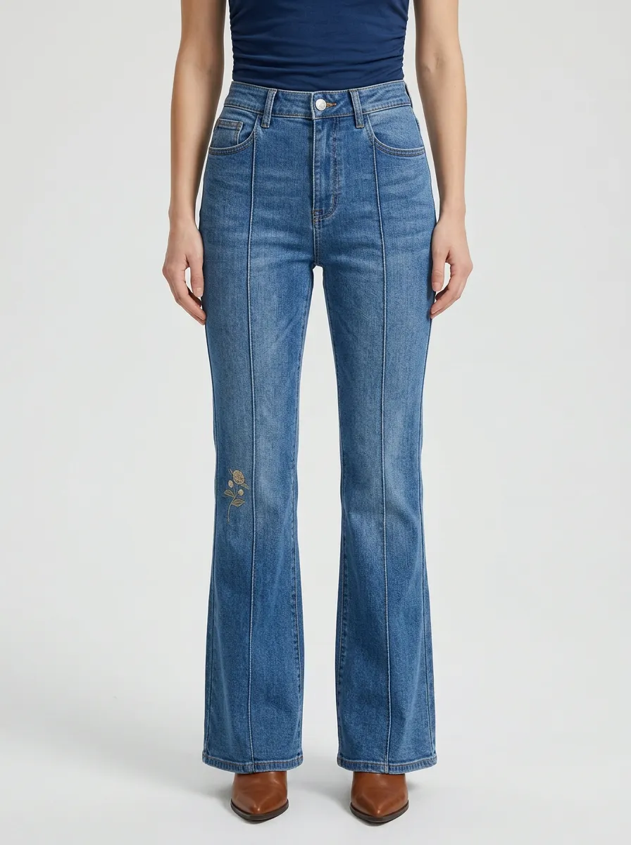 Women's Botanical Floral Thigh Embroidered Front-Seam Flare Jeans
