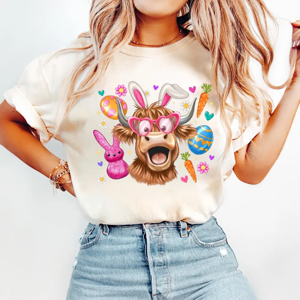  Bunny Highland Cow Eggs Printed Round Neck Short Sleeve T-Shirt