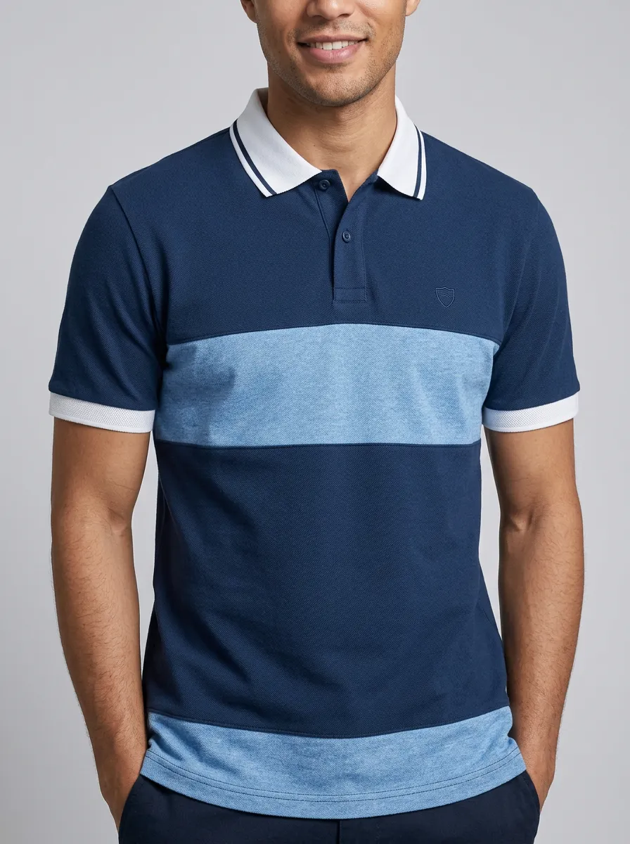 Men's Casual Blue Colorblock Striped Polo Shirt