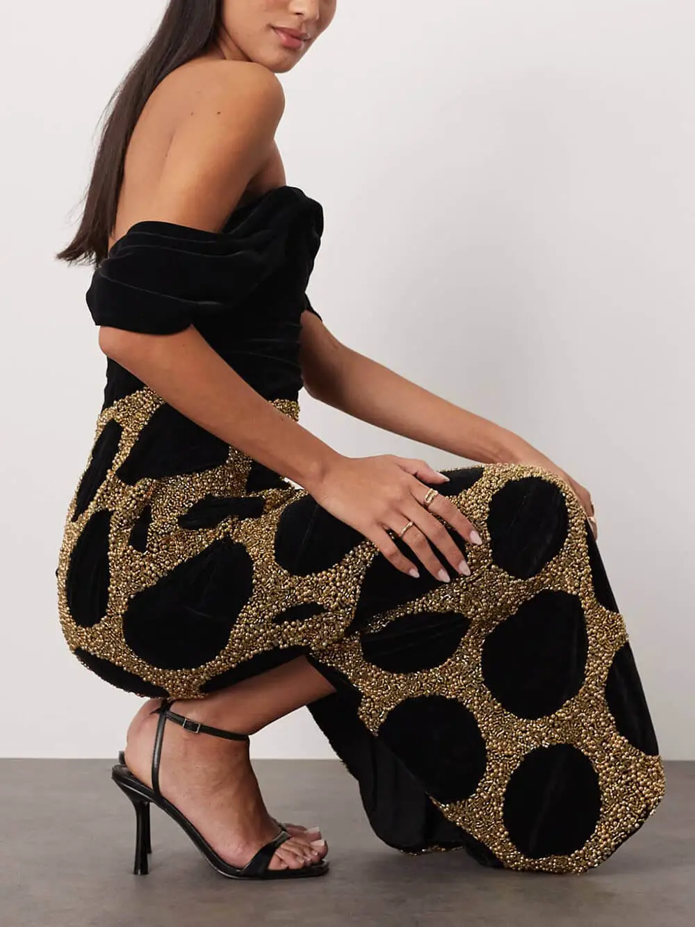 Elegant Draped Off Shoulder Polka Dot Midi Dress