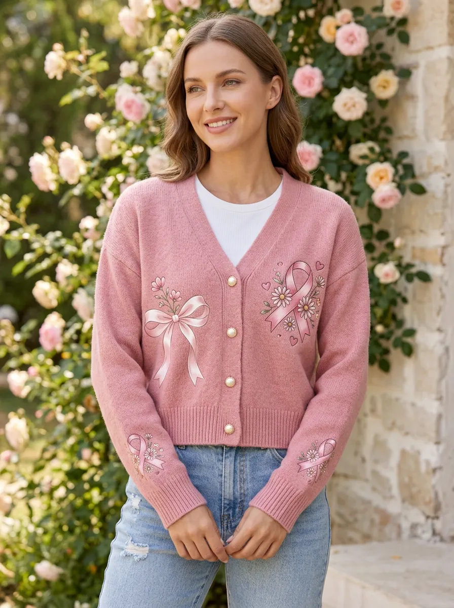Women's Romantic Floral Ribbon Bow Ribbon Printed Cardigan