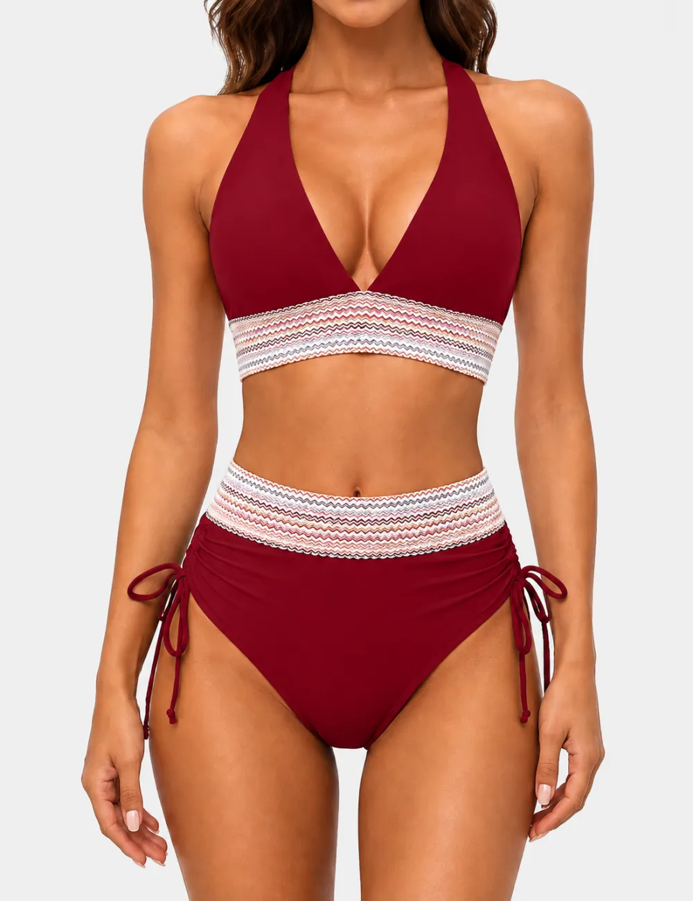 Deep V Neck Colorful Zigzag Smocked Trim Bikini Set
