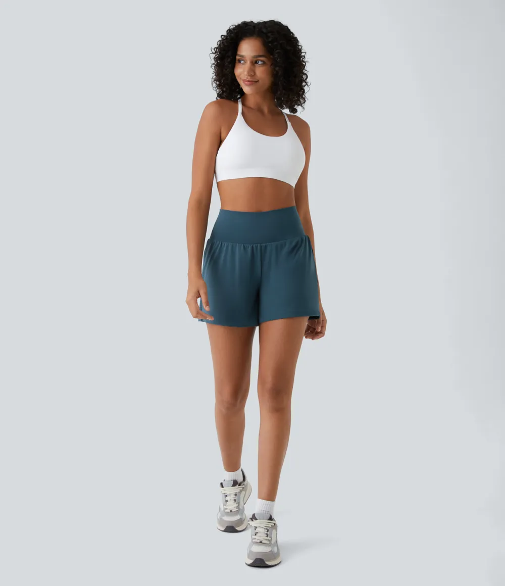 Super High Waisted Back Pocket & Side Hidden Pocket 2-in-1 Yoga Shorts 5''-Longer Length