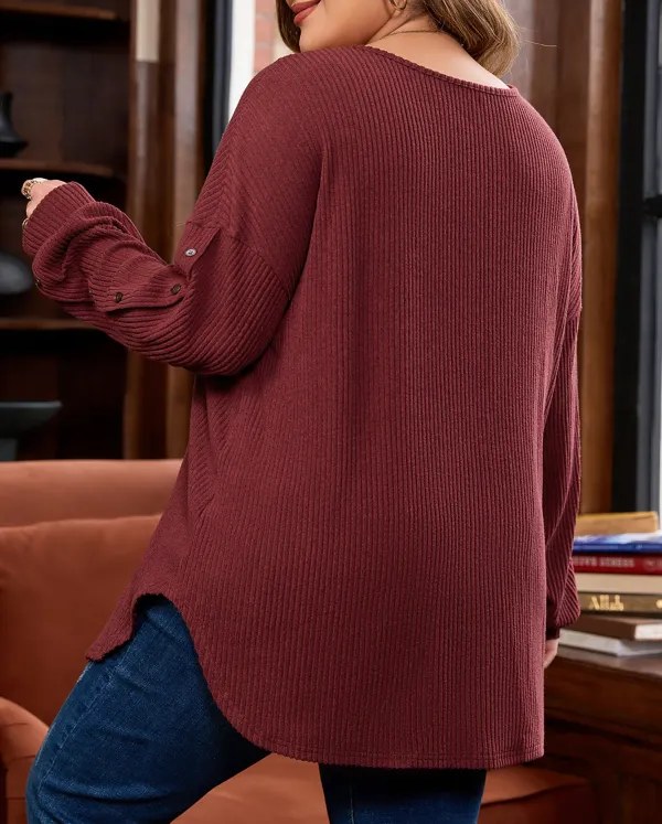 Ribbed Long Sleeve Loose Fit Women's Top